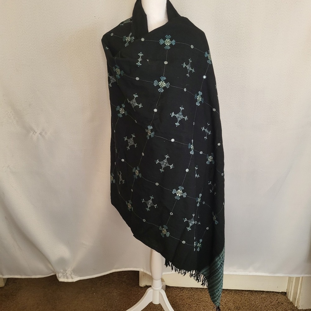 Embroidered Balochi Wool Blend‎ Oversized Shawl 98x36 Black Blue Wrap [644] - Picture 2 of 7